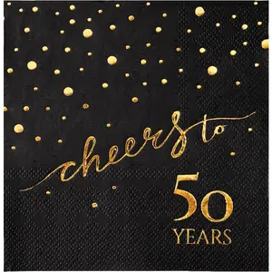 100 Pack of 50th Birthday Napkins, Cheers to 50 Cocktail 5x5 Inches Party Paper Napkins for Birthday Decorations Wedding Anniversary Black and Gold, 3-Ply