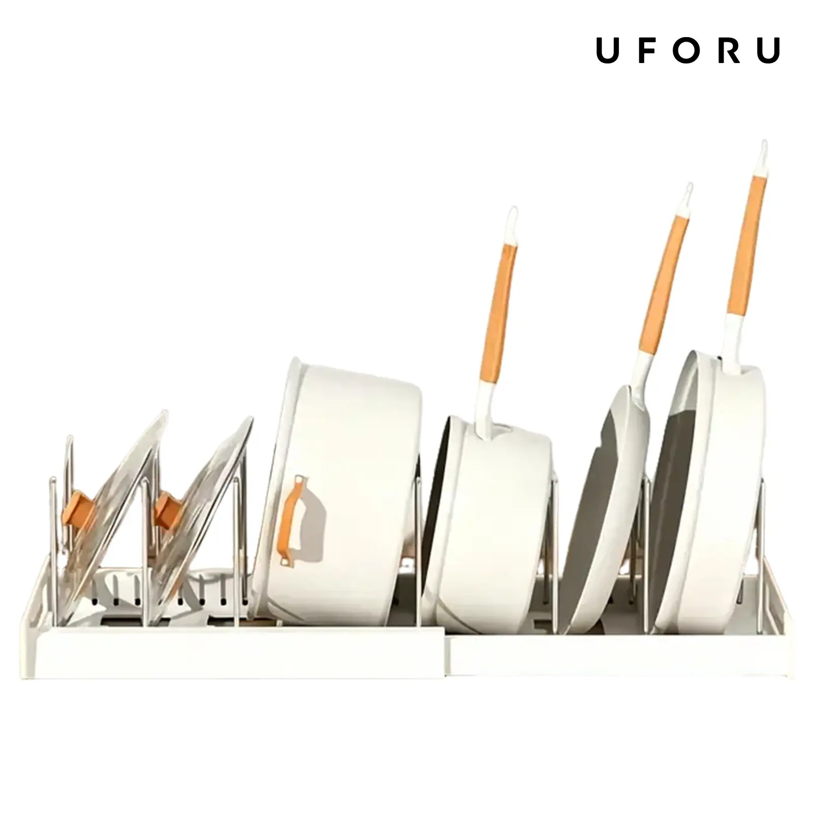 UFORU expandable pot and pan storage rack, adjustable metal divider slots, pull-out cabinet organizer, multifunctional cookware and baking tray holder,wood-grip kitchen storage rack, a perfect gift for others summerwins,dealsforyou#SummerWins
