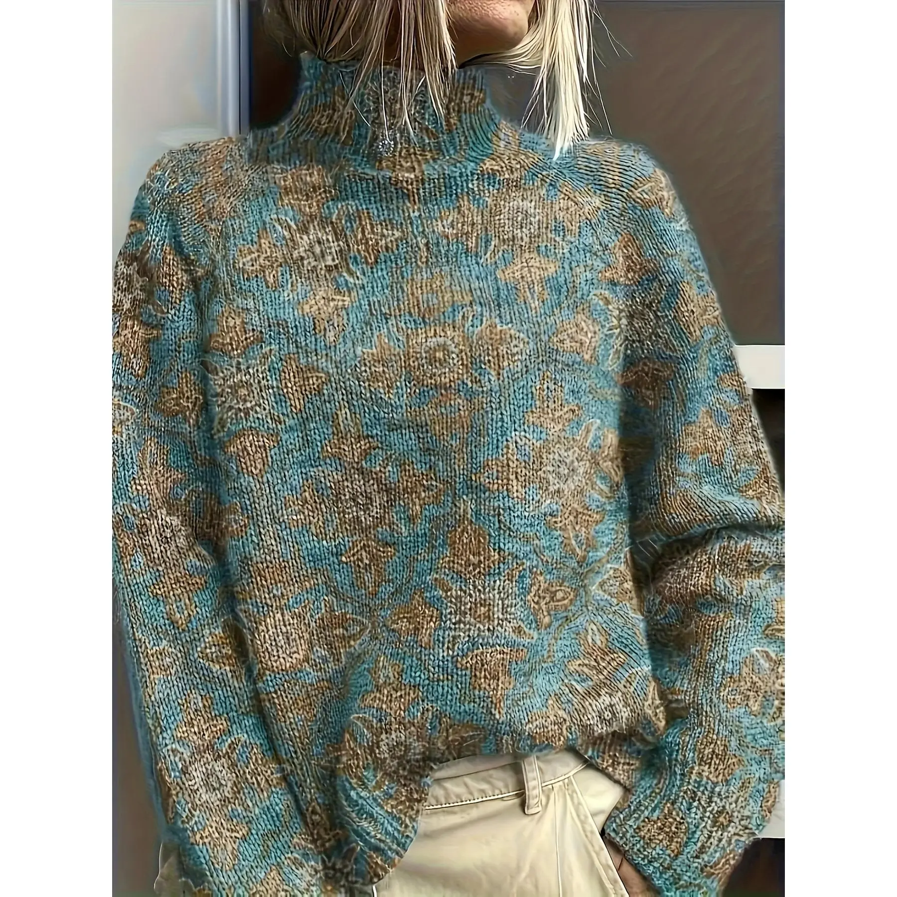 Women's Elegant Turquoise & Golden Floral Print Turtleneck Sweater - Soft Warm Winter Pullover with High Neck, All-Over Intricate Pattern, Versatile Casual to Formal Outfits, Cozy Sweater for Autumn & Winter, Hand Washable Luxury Sweater for Women