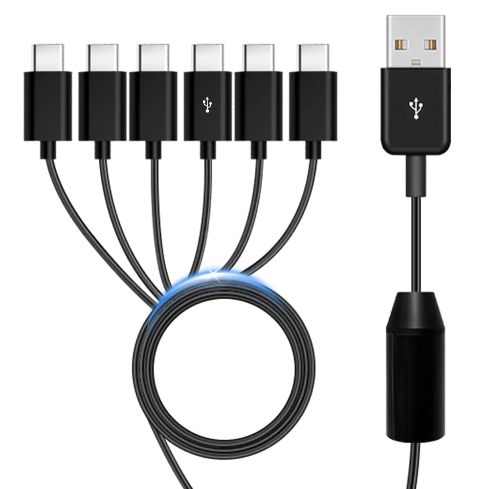Pure Copper 5A 6-in-1 USB-C Splitter Multi-Cable - 1.64ft Flexible Wire Mobile Charger Cord for Simultaneous 6-Device Charging, Compatible with iPhone 16/15 Series, iPad Air/Pro, Galaxy S24/S23, Pixel, PS5