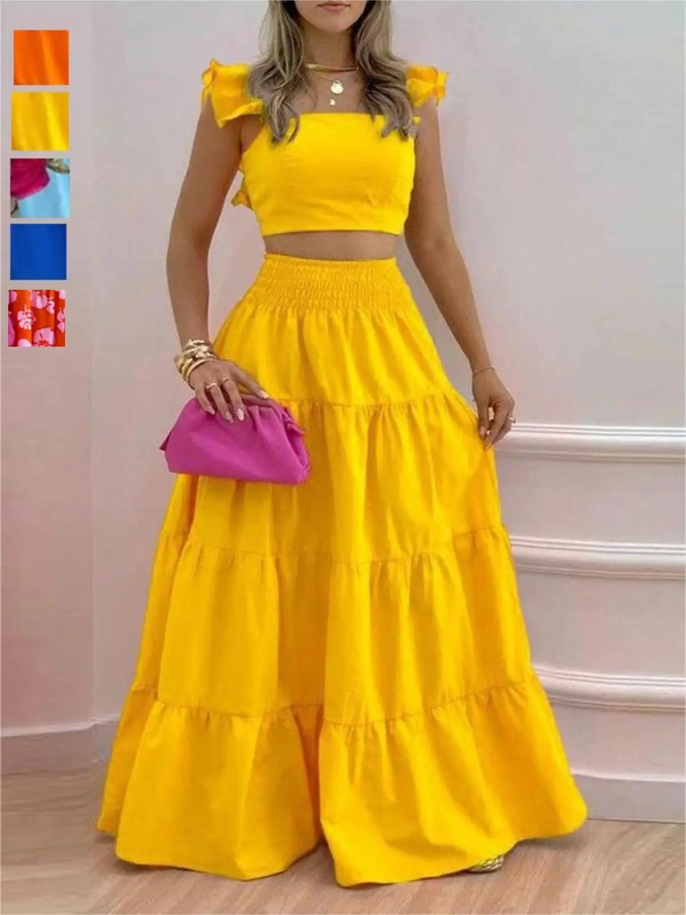 Sexy Vacation, Perfect for Daily Wear, Party Dress, Strap Top Ruffles Skirt Set, Elegant, Chic and Stylish, Ideal for Special Occasions
