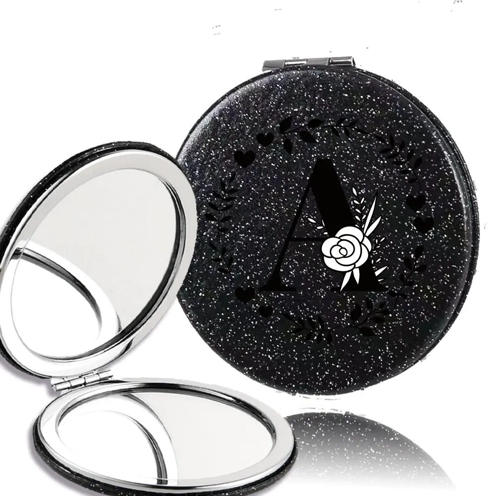 Double-Sided PU Leather Makeup Mirror - 1X/2X Dual Magnification | Handheld Folding Vanity Mirror | Travel Beauty Tool for Trip, Office & Home | 26 Letters & Garland Pattern Options | Gifts for Halloween & Christmas | Travel Hand Mirrors