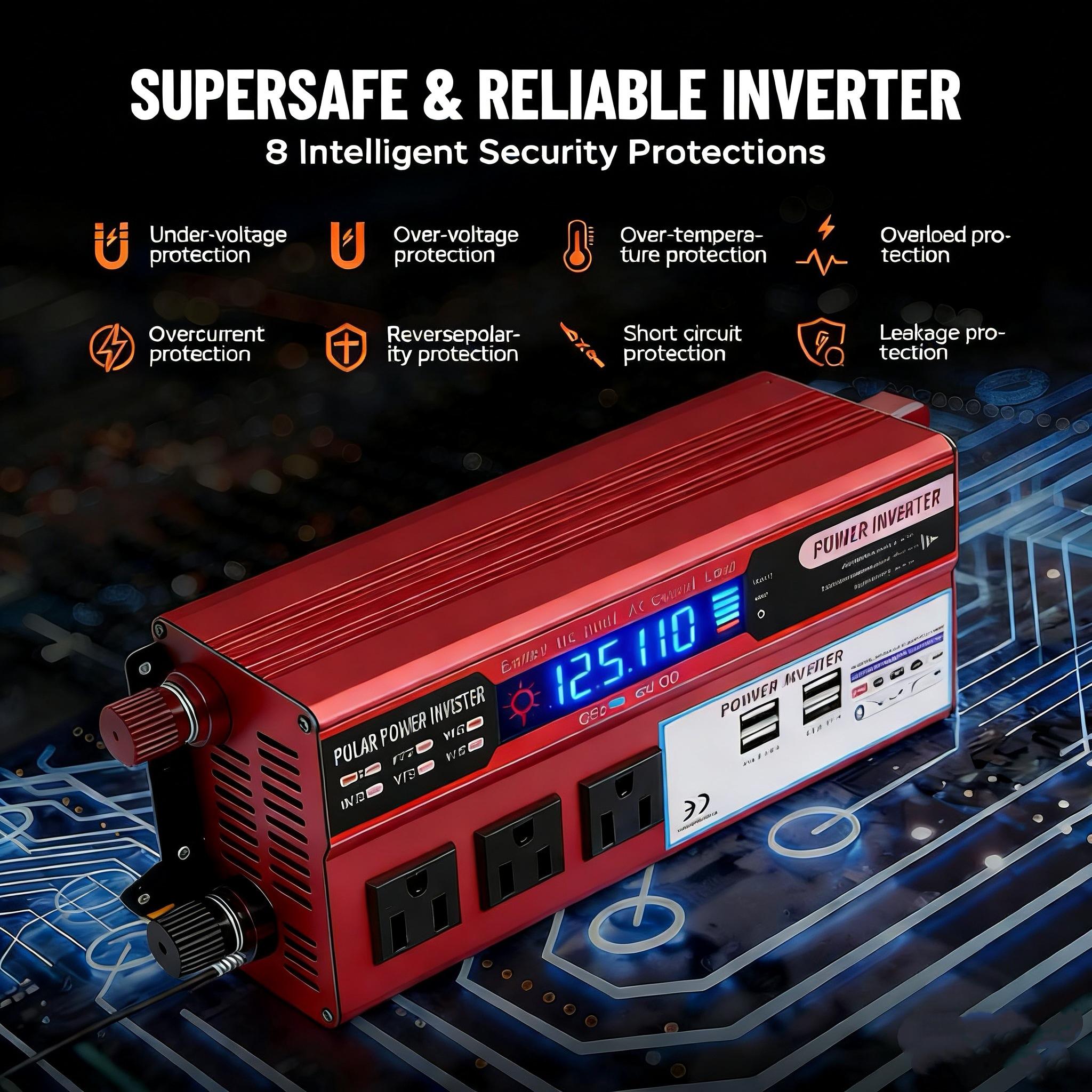 5000W Peak Car Power Inverter DC 12V to 110V AC Converter, Heavy Duty Modified Sine Wave Inverter with 3AC Outlets & 4USB Ports, Portable Car Charger Adapter for RV Truck Camping Travel Emergency Power Supply