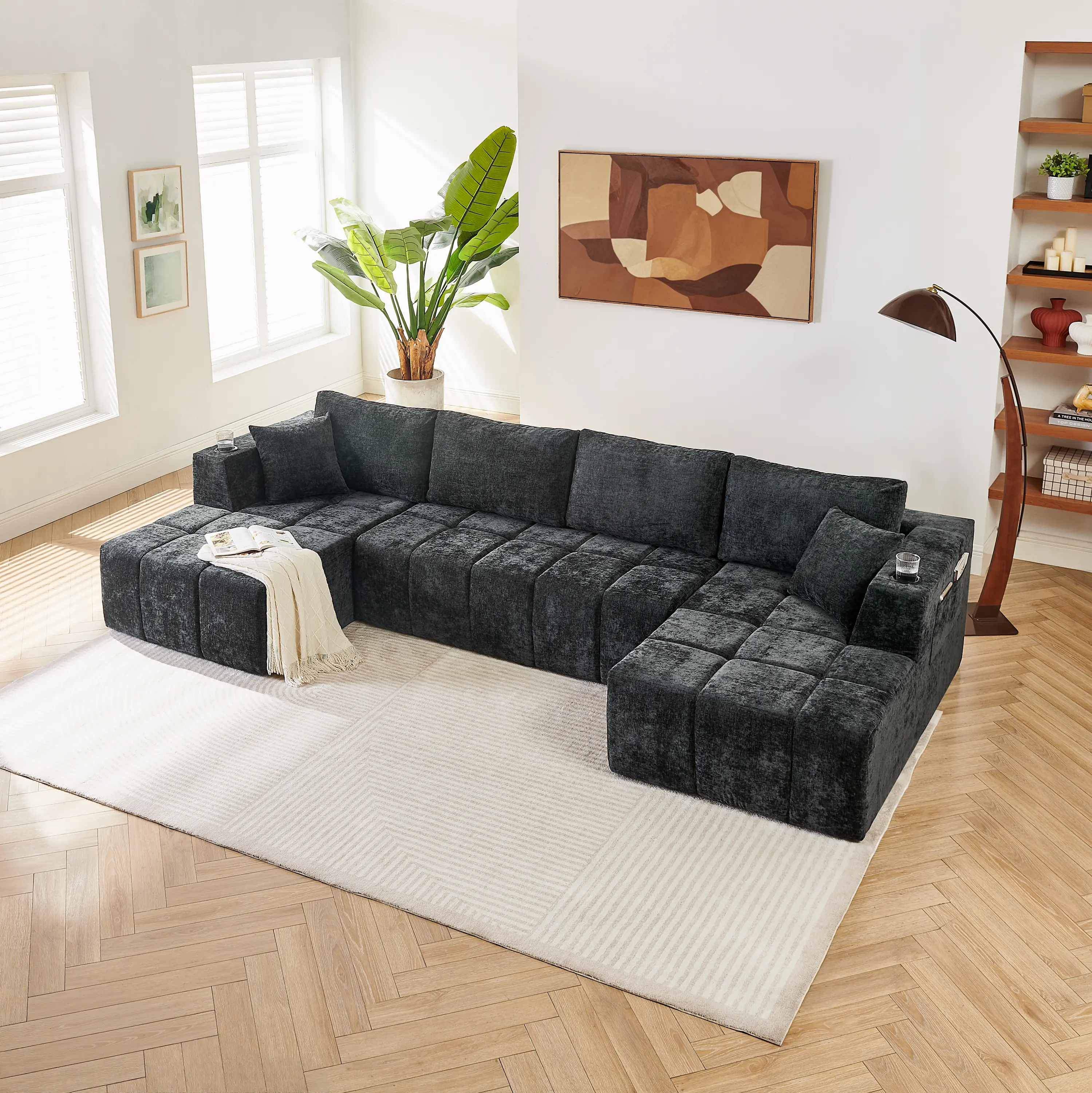 【Sub 2 packages】Niccae 132" U-Shaped Chenille Sectional Sofa, Cloud Style Boneless Sofa with Lounges, Modern Upholstered Couch with Cup Holders & Side Pockets, Compression Sofa for Living Room, No Assembly Required