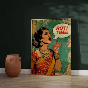 indian Pop Art, Saree, Desi Food, Roti Poster, Kitchen Pop Art, Gujarati, Punjabi, Restaurant Wall Decor, Woman, Room Decor, Unframed