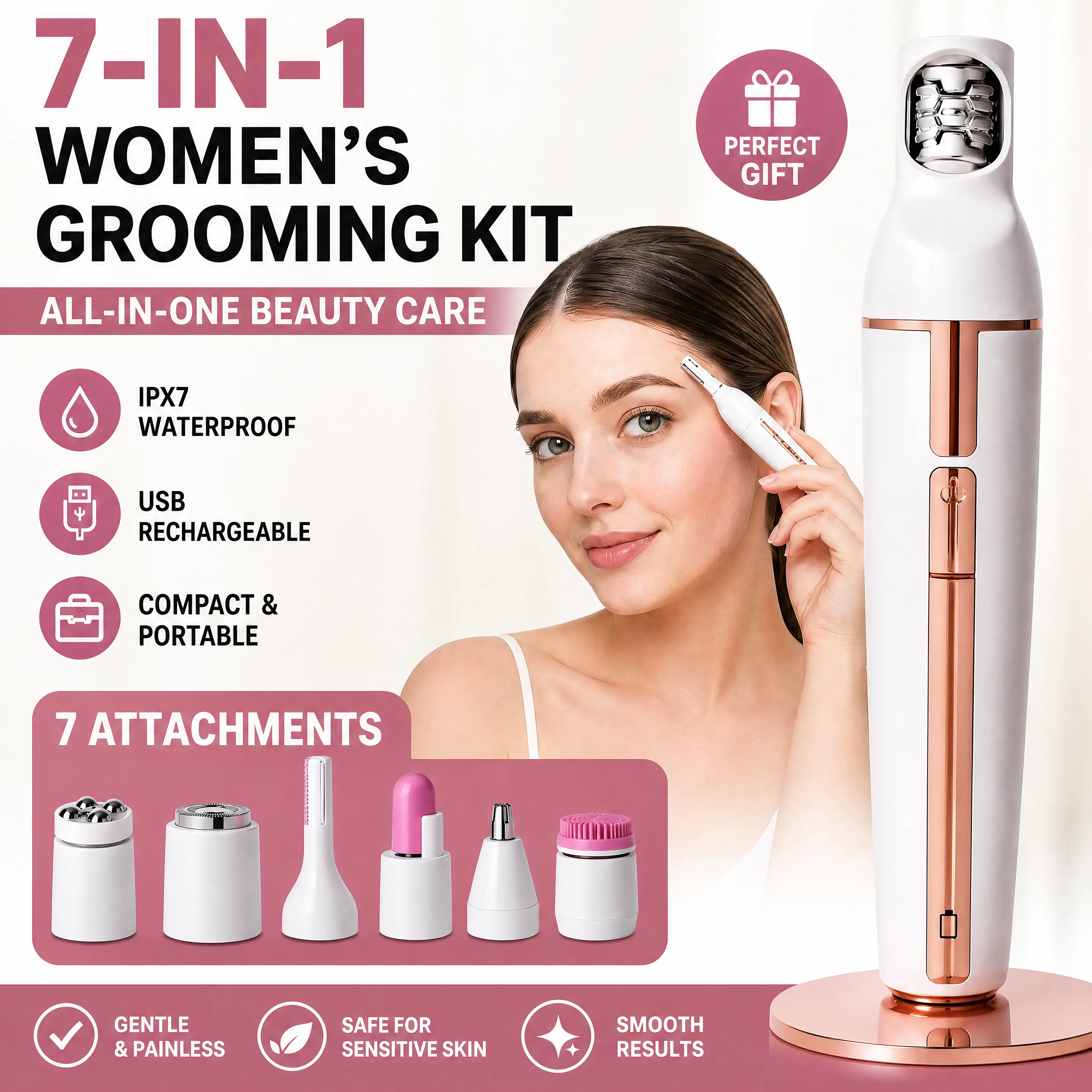Women's 7-in-1 Hair Remover & Facial Care Kit - Painless Eyebrow Hair Shaver, Face Cleansing Brush, Massager, Dermaplaning Wand, USB Rechargeable Remover for Facial Skin with Built-in Cells, Hair Removal, 7-In-1 Device