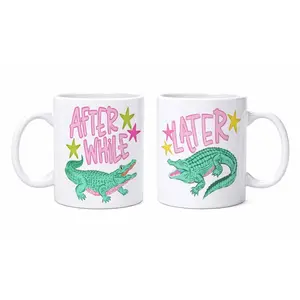 After While Crocodile Mug, 11oz & 15oz Ceramic Coffee Cup, Funny 90s Retro Vibe Design, Cute Green Crocodile Graphic, Pink "After While Later" Text with Stars, Playful Pun Mug, Aesthetic Drinkware for Home/Office, Gift for Animal Lovers