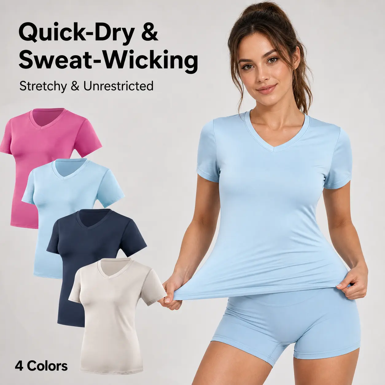 4 women's sports running V-neck short-sleeved quick-drying fitness yoga breathable sweat-absorbing slim-fit T-shirt set sporty bra tank top Athletic Yoga Tops compression shirts oversized gym shirts compression shirt women summerwins