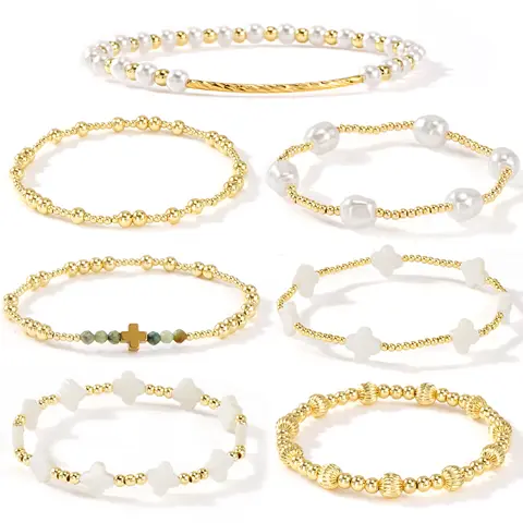 SHINUS Women's Boho Style Jewelry 7PCS Stackable Bracelets Set - Handmade Gold-Plated Cross, Clover, Pearl Beaded Stretch Bangles, Fashion Costume Jewelry Accessories, Teen Girl Gifts