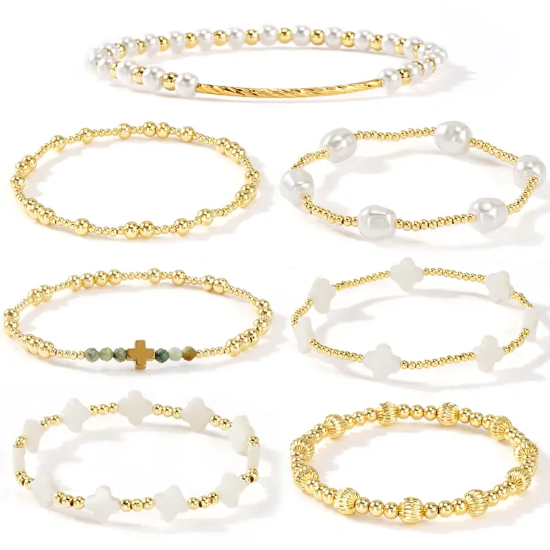 SHINUS Women's Boho Style Jewelry 7PCS Stackable Bracelets Set - Handmade Gold-Plated Cross, Clover, Pearl Beaded Stretch Bangles, Fashion Costume Jewelry Accessories, Teen Girl Gifts
