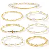 SHINUS Women's Boho Style Jewelry 7PCS Stackable Bracelets Set - Handmade Gold-Plated Cross, Clover, Pearl Beaded Stretch Bangles, Fashion Costume Jewelry Accessories, Teen Girl Gifts
