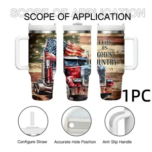 1pc 40oz American Truck Theme Insulated Cup with Handle, Stainless Steel Flag Cup, Straw Cup, Patriotic Gift for Truck Drivers