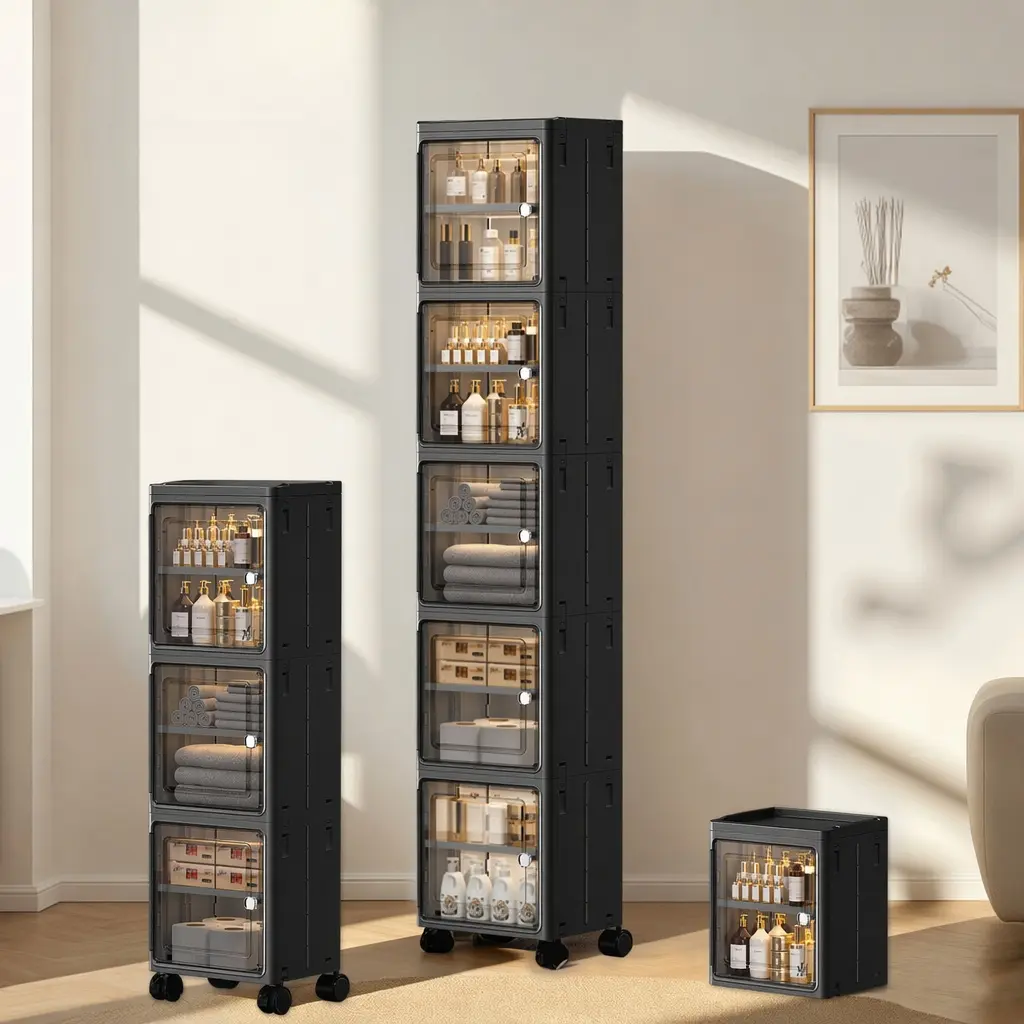 5-Tier Black Plastic Freestanding Cabinet - Kitchen Cutlery & Tableware Organizer Storage Furniture with Wheels, Adjustable Shelves, Slim Narrow Design for Small Spaces, Laundry Room Use, Height Storage Solution, Laundry Room Cabinets, Height Storage Cabi