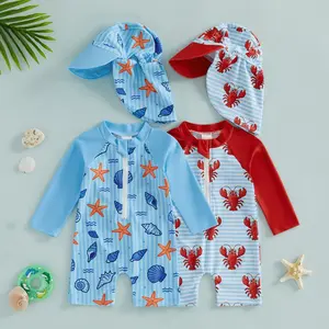 Babamoon 2Pcs Toddler Baby Boys Swimsuit Set Crew Neck Long Sleeve Lobster Print Upper Zipper Rash Guard Swimwear and Sun Hat 3M-3Y