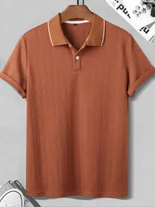 Men's Solid Color Jacquard Ribbed Polo Shirt, Regular Fit Casual Short Sleeve Collared Top for Summer, Fashion Men's Clothes for Daily Wear