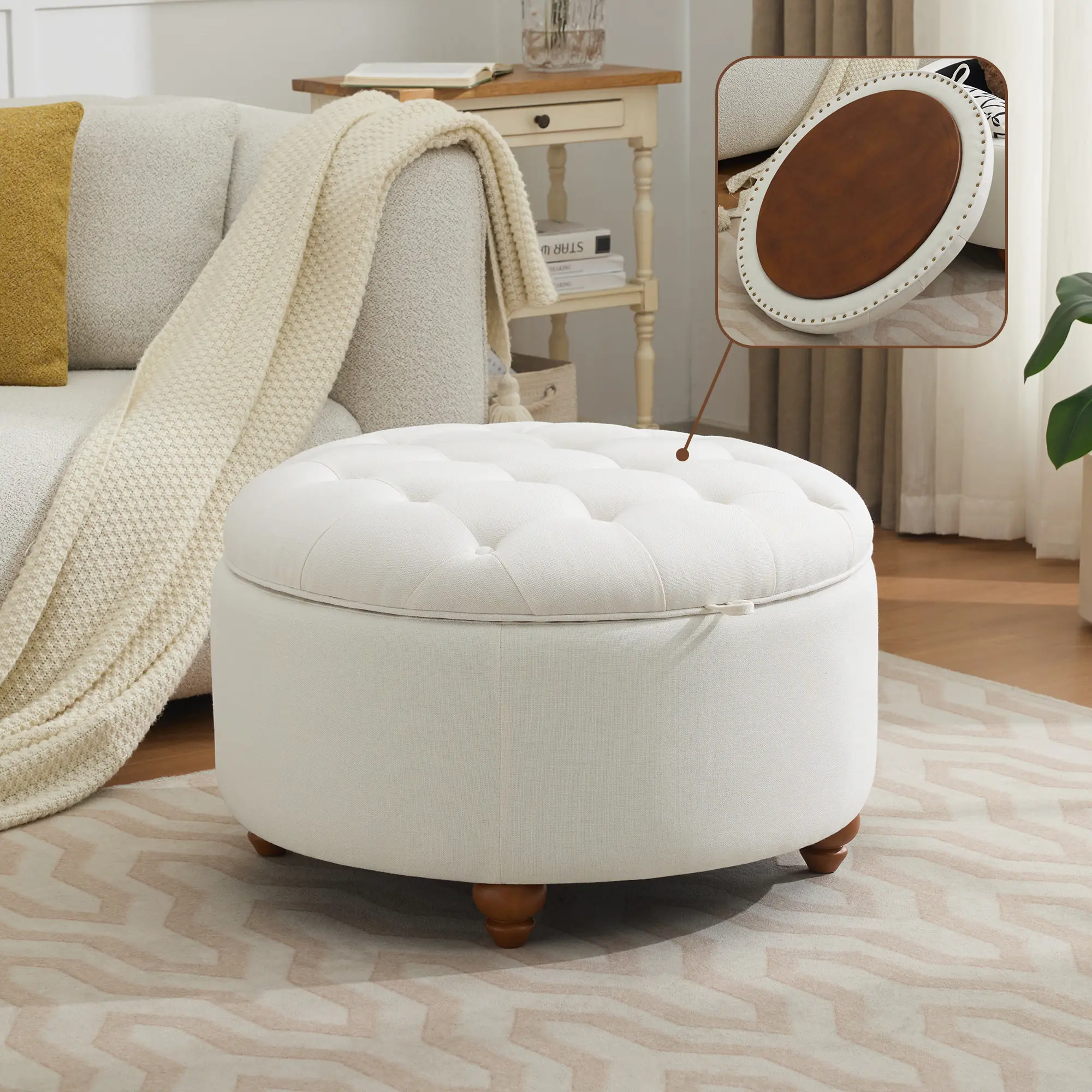 24/30 Inch Round Storage Ottoman with Tray, Modern Tufted Fabric Circle Ottoman Coffee Table with Storage, Upholstered Storage Ottoman with Removable Top for Living Room, Bedroom