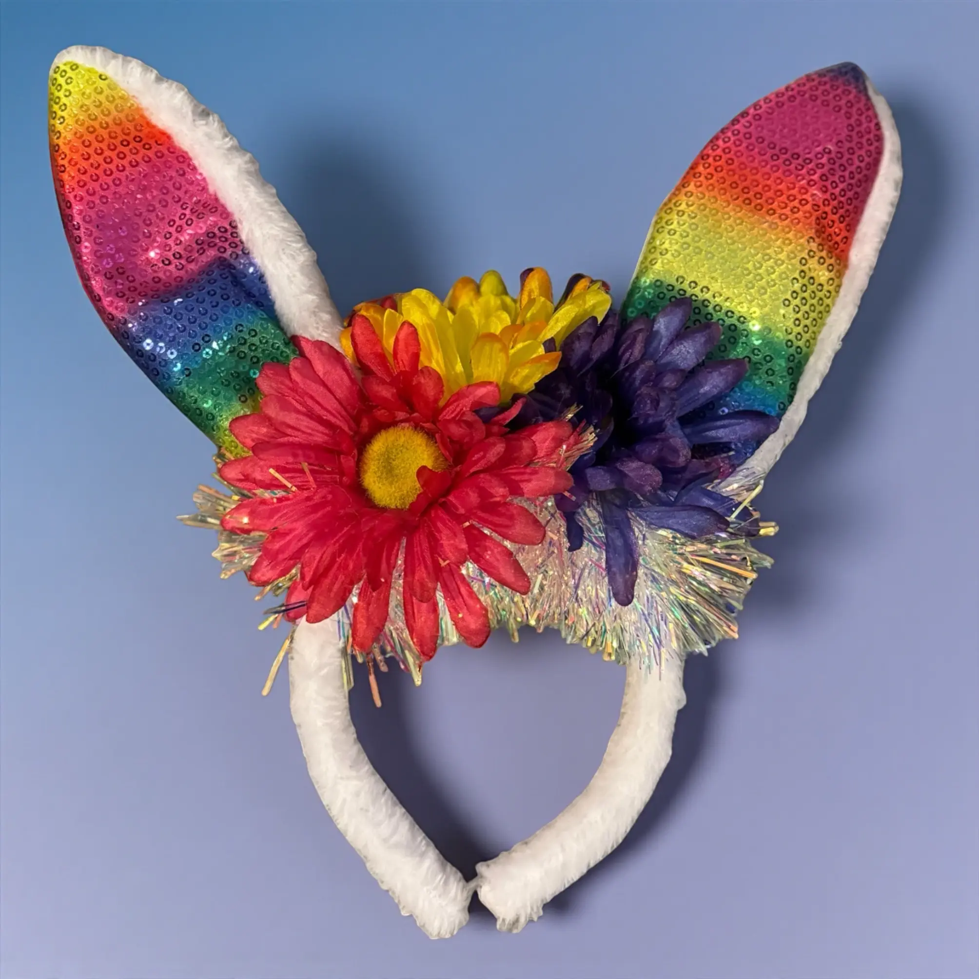 Rainbow Easter Bunny Ears Headband | Handmade Rabbit Ears Headpiece | Floral Easter Headband | One-of-a-Kind Spring Festival Costume Accessory