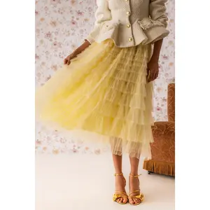 STARS ALIGNED MESH RUFFLE MAXI SKIRT IN BABY YELLOW