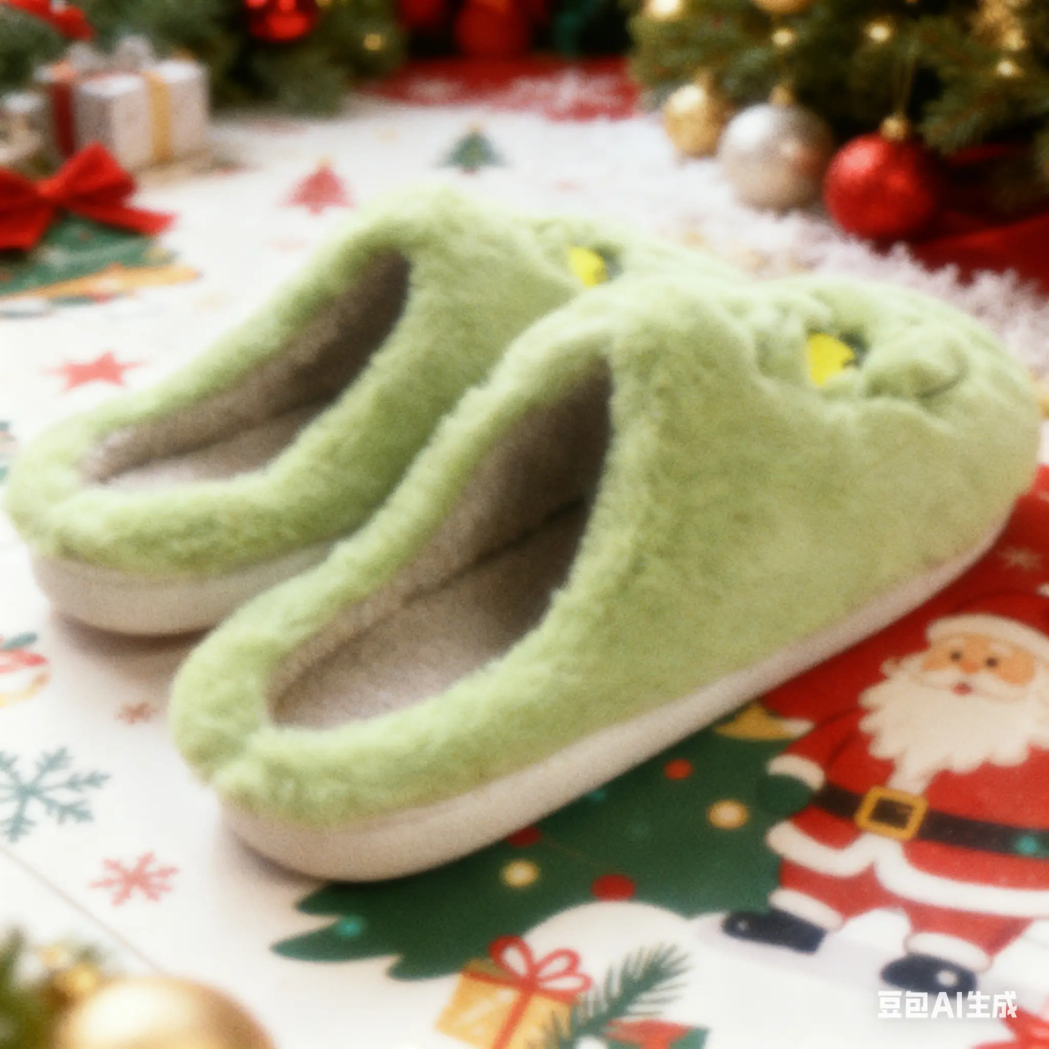 Christmas Cartoon Print Slippers, Unisex Fluffy Polyester Pull-on Slides for Holiday Party and Home Wear with a Flat, Anti-slip Sole, Slip On
