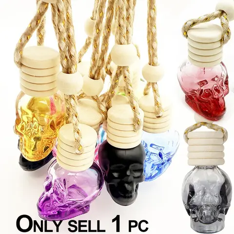 Skull Shaped Hanging Car Air Freshener Bottle, Decorative Refillable Aromatherapy Diffuser with Woven Rope, Unique Car Decor for Interior, Car Fragrance Decoration