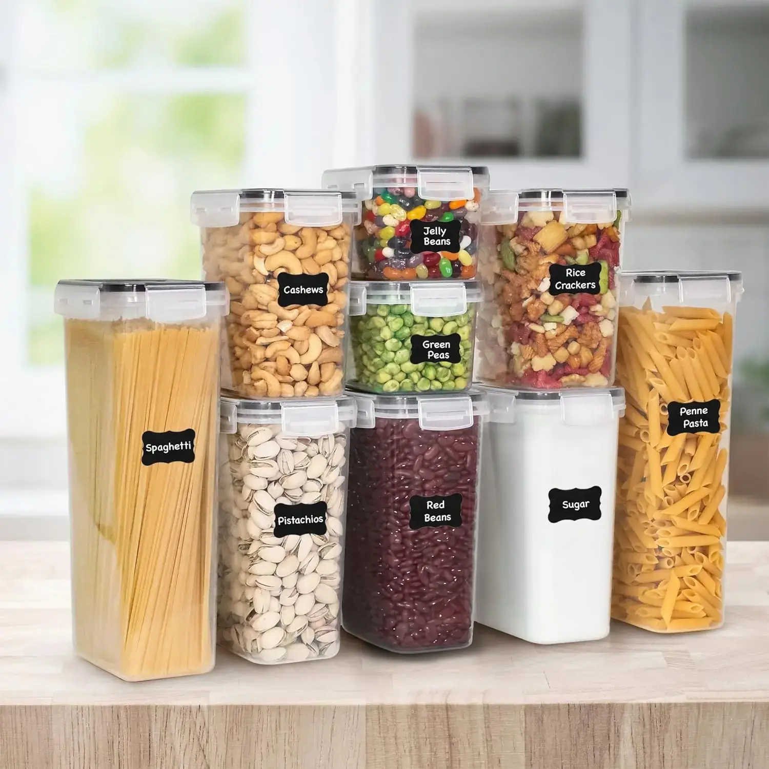 Kitchen Airtight Canisters Set – Clear Plastic/Glass Jars for Cereal, Coffee Beans, Spices, Pasta, and Dry Goods Organization