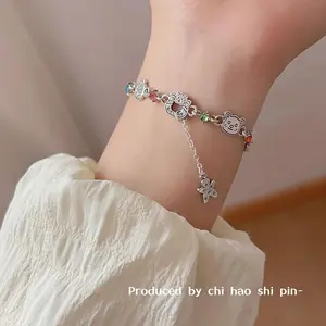 Cute Gingerbread Man Bear Charm Bracelet with Colorful Zircon, Silver Tone Adjustable Bracelet
