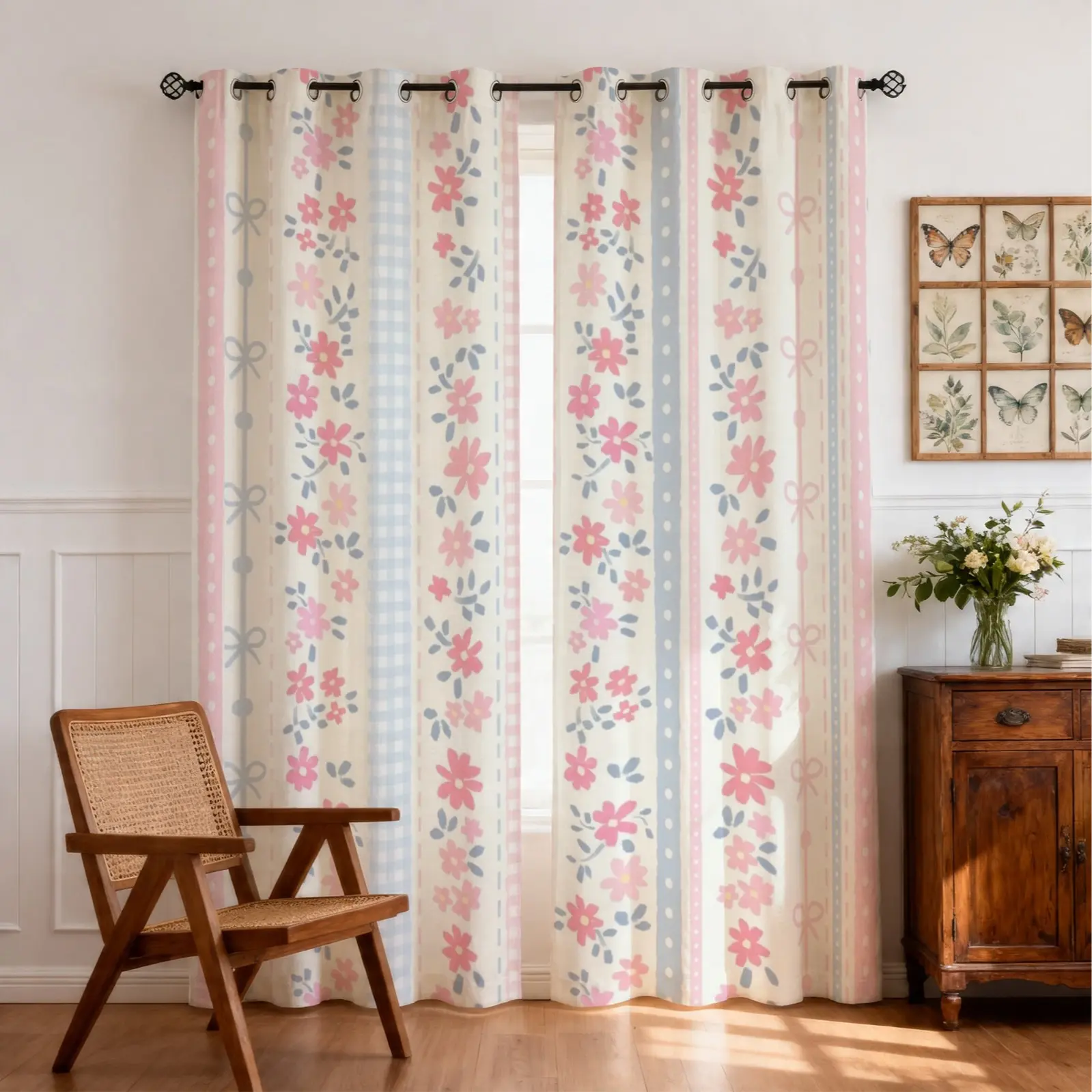 Floral Stripe Blackout Curtains, 2 Pieces, Cottagecore Coquette Style, 85% Light Blocking Single-sided Printed Decorative Curtains, Privacy Protection Design, Perfect for Girls' Bedroom and Living Room Decoration, Thoughtful Gift for Family