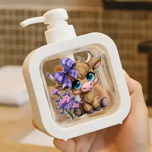 Creative Bathroom Dispenser with Hand Pump - Cartoon Highland Cow, Curly Brown Fur, Blue Eyes, Purple Plaid Bow, Floral Bouquet Design, Whimsical & Charming, Perfect for Soap, Lotion