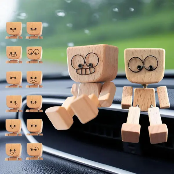 Shaking Wooden Man, Shaking Wooden Man Figurine for Car Dashboard, Handmade Shak Feet Woodens Doll, Funny Cars Ornaments Wood Desktop Decor, Car Dashboard Accessories with 12PCS Magnetic Expressions, Car Trinkets