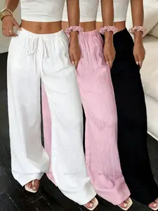3-Pack Women's High Waist Wide Leg Pants, Casual Elastic Waist Lounge Pants for Daily, Everyday & Home Wear