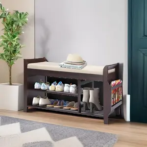 Shoe Bench Entryway with Storage, Bench with Storage Basket,Bamboo Bench Removable White Cushion,2-Tier Entryway Shoe Storages with Umbrella Stand,Living Room or Hallway