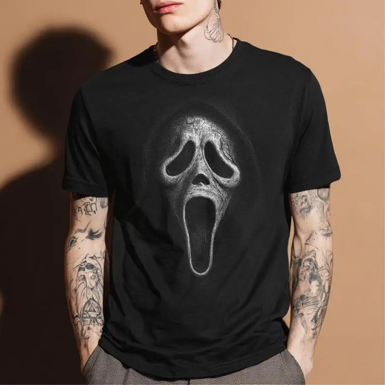 Unisex T-Shirt with Ghostface Graphic Print, Casual Shortsleeve Round Neck Top, Soft Cotton Blend, Casual Basic