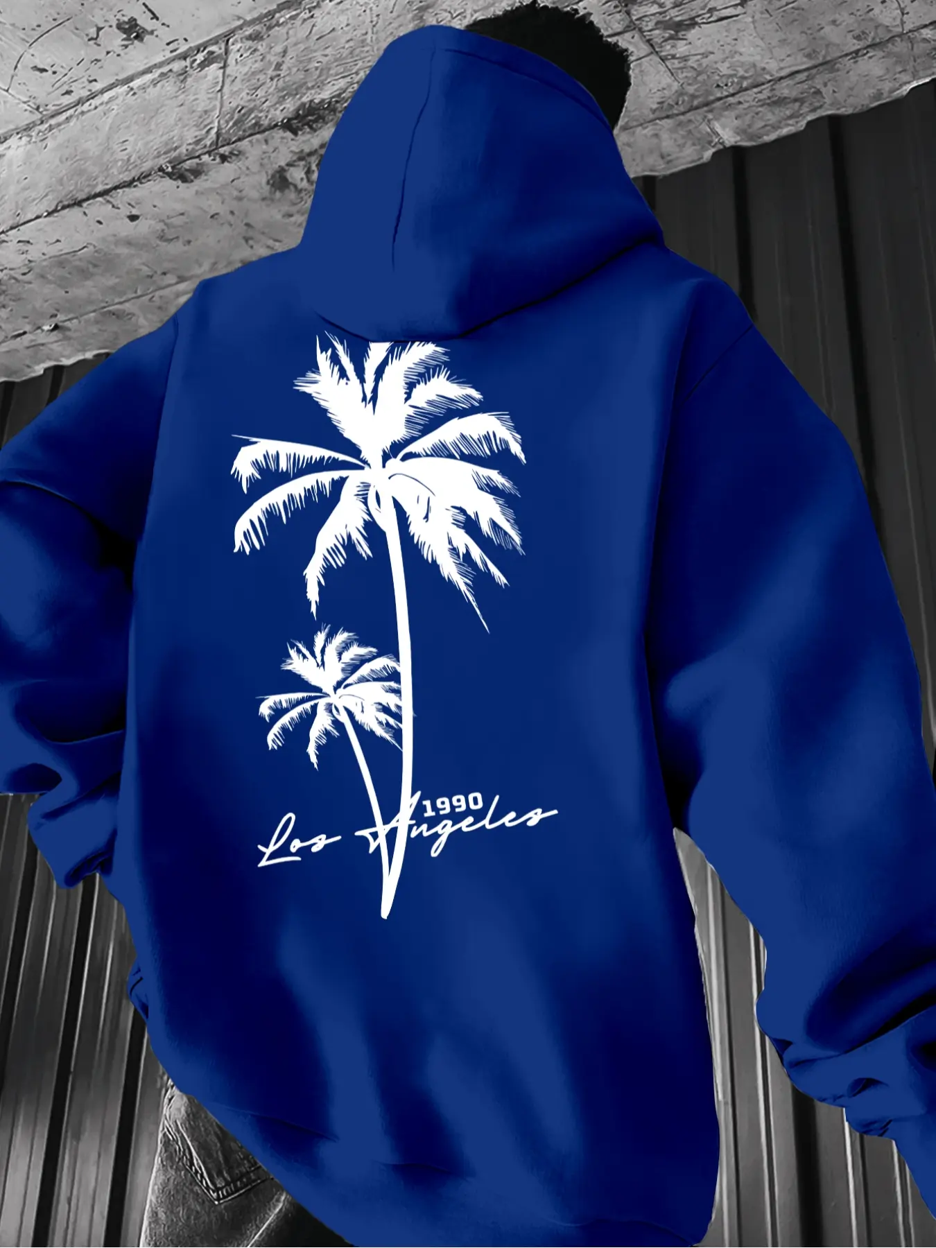 Men's Casual Tropical Vibe Solid Color Hoodie Sweatshirts with Coconut Tree Print, Drawstring Pocket Long Sleeve Pullover, Fall & Winter Streetwear