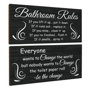 2 Piece Wooden Bathroom Wall Decor Plaques, Vintage Country Style Toilet Sign, Rustic Wood Hanging Art Set for Bathrooms, Bathroom Decorations