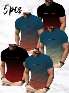 5 sets of men's short-sleeved T-shirts, made with 3D printing technology - featuring stylish letters, stripes and Gradient design, they are lightweight and breathable, perfect for summer casual wear and outdoor activities, Menswear