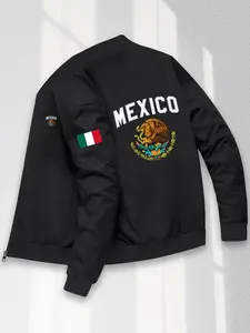 Men's Mexican Theme Cultural Long Sleeve Pilot Jacket, Mexico Flag Eagle Geometric Print, Zipper Baseball Collar, Polyester, Fitted Casual Winter Wear, Coats