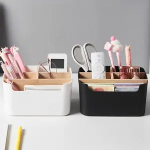 5 Compartment Bamboo Office Organizer, Desk Pen Holder, Bathroom Cosmetic Storage Box, Multifunctional Living Room Rack, Home Organization, Desk Organizer Tidy, Stationary Organizer Holder