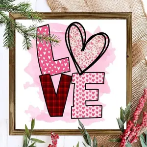 2D Flat Wood Frame Wooden Wall Sign Valentine's Day Love Theme, Heart-shaped Patterns Combined with Letters for Living Room Bedroom Office Bathroom Dorm Home Decor