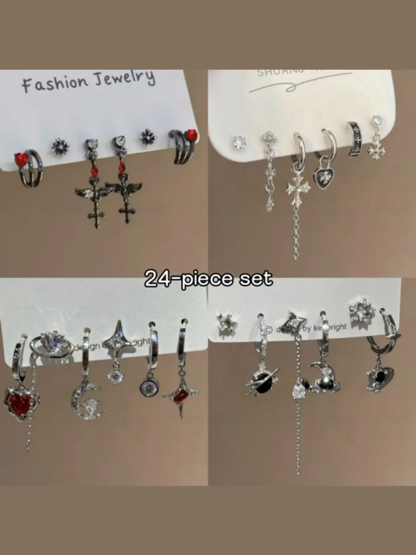 24 Piece Set Love & Deep Space Dark Wing Earrings, Sweet Cool Unique Cross Starburst Ear Rings, Dangle Earrings Set, Trendy Fashion Accessories, Earring Stacking Set, Trendy Jewelry
