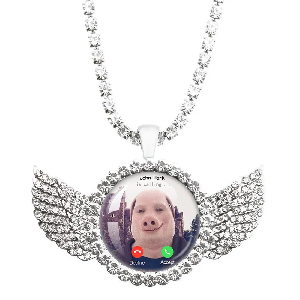 John Pork Calling Answer Call Phone Graphic Moon Necklace - Hypoallergenic Costume Jewelry Chain, 16-19.7in, Quirky Gift for Pig Lovers, Daily Wear Fashion Accessory, Hypoallergenic Jewelry, Quirky Gifts, Funny Pig
