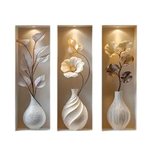 3Pcs Illusion Flower Wall Decal 20x50cm Realistic Floral Vase Wall Sticker Self-Adhesive Removable Decorative Sticker for Wall Art Home Decor Living Room Bedroom Study Room Wall Ornaments Modern Wall Mural Decor