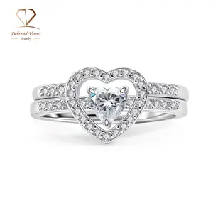 Delzzad Halo Heart Cut Ring Set Heart Pair Stacking Ring Band D Color VVS Synthetic Moissanite Ring Jewelry Copper Band Wedding Band Engagement Ring Set Promise Ring Women's Ring for Engagement, Wedding Anniversary & Valentine's Day Gifts