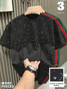 3-piece set Men's Classic Casual Streetwear Short Sleeve T-Shirt Round Neck, Loose Fit, Long, Plain, Starry Sky Reflective Design, Outdoor Essential, Daily Wear Fashion Top
