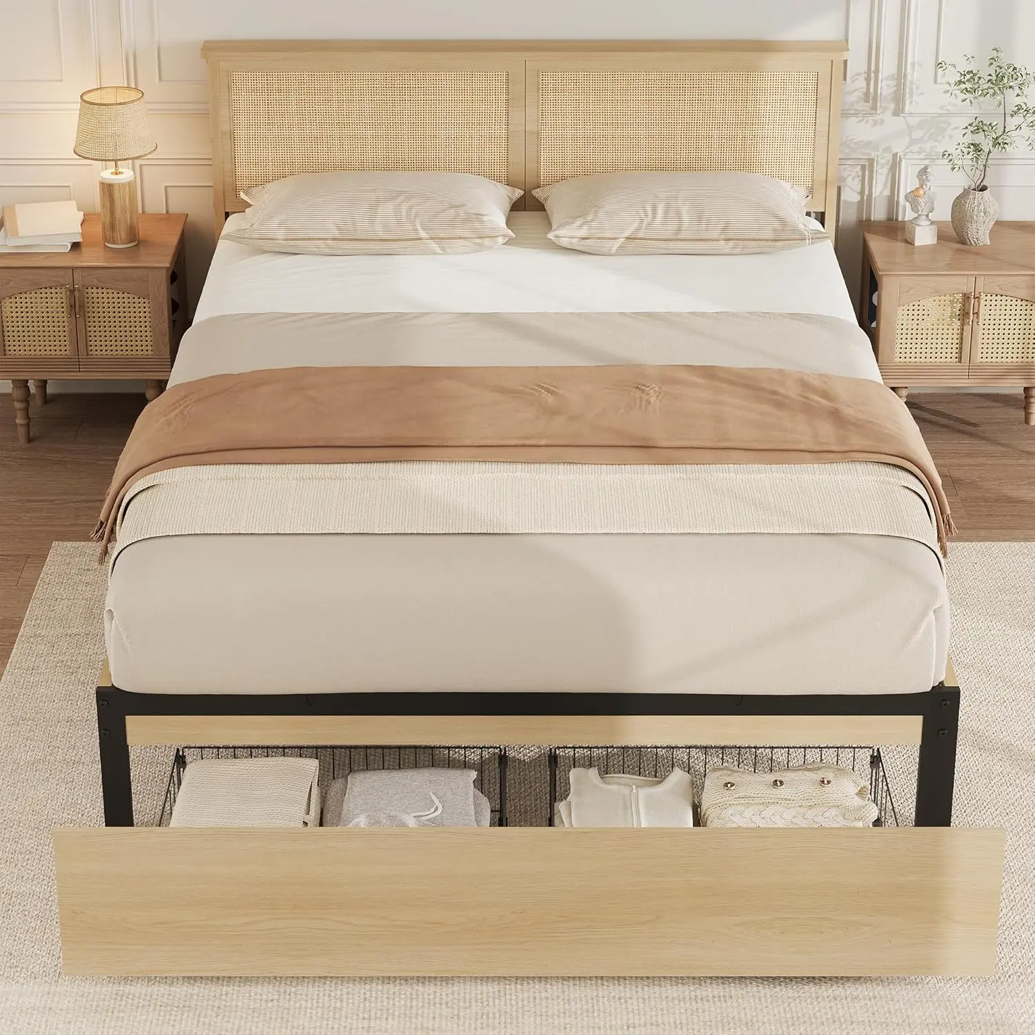 Queen Size Bed Frame with Natural Rattan Headboard - Boho Weave Style, Built-in Drawers, RGB LED Lights, Quiet Oak Wooden Slats Support, Easy Setup (Assembly Required), No Box Spring Needed, Rattan Wood Bed