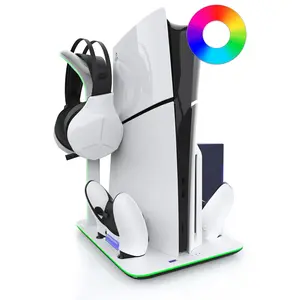 PS5 Slim Vertical Stand | Cooling Station, RGB Lighting, Magnetic Fast Charging, Headphone Hook, USB Power Cable, Digital/Disc Edition Controller Overcharge Protection for PlayStation 5