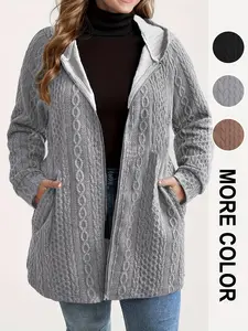 Plus Size Women's Fall Winter Casual Solid Color Loose Fit Ribbed Pocket Hooded Mid-Length Coat, Comfortable Knit Outerwear