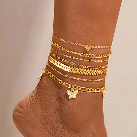 Women's Adjustable Length Artificial Gemstone Anklets Set - Cute Aesthetic Butterfly, Multi-Layer Chain Ankle Bracelet, Elegant Versatile Jewelry for Beach Wear