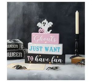 Glitzhome 12" Halloween LED Lighted Ghost BlockWord Sign