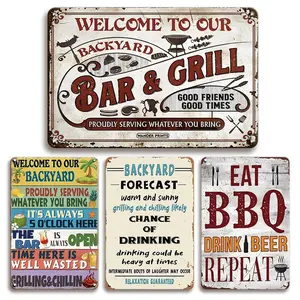 4pcs Vintage Outdoor Metal Sign, Humorous Bar Tin Plate, Garden Courtyard Decor, Classic BBQ Wall Art, Pool Party Plaque