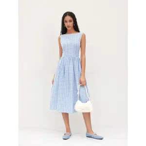 Cider [size 0-10]  Boat Neck Gingham Backless Bowknot Ruffle Midi Dress